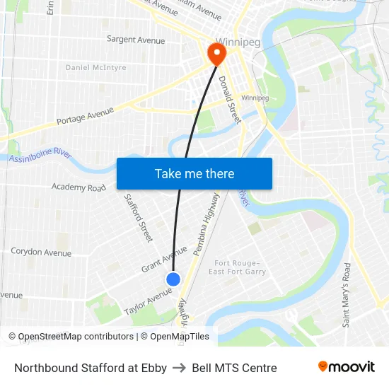 Northbound Stafford at Ebby to Bell MTS Centre map