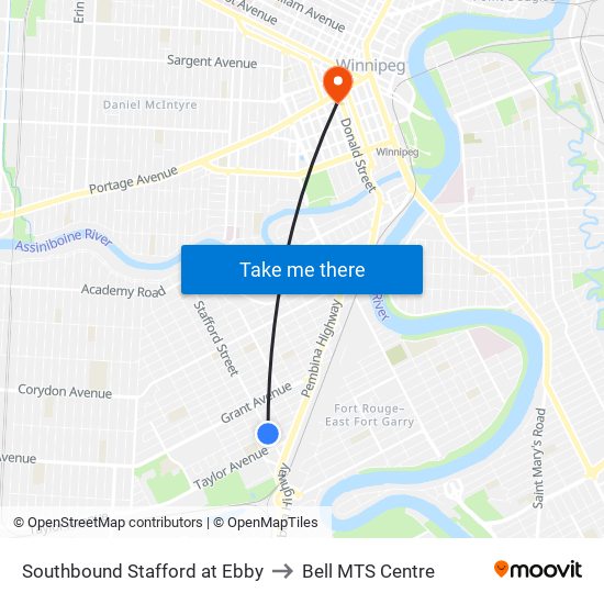 Southbound Stafford at Ebby to Bell MTS Centre map