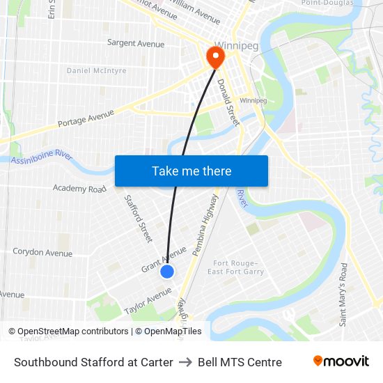 Southbound Stafford at Carter to Bell MTS Centre map