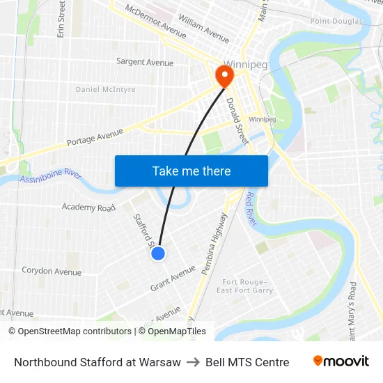 Northbound Stafford at Warsaw to Bell MTS Centre map