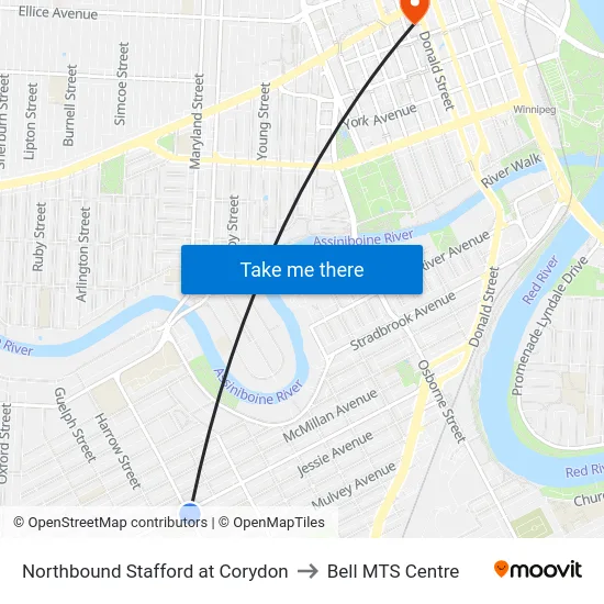 Northbound Stafford at Corydon to Bell MTS Centre map