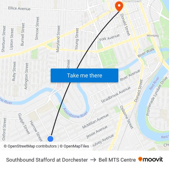 Southbound Stafford at Dorchester to Bell MTS Centre map