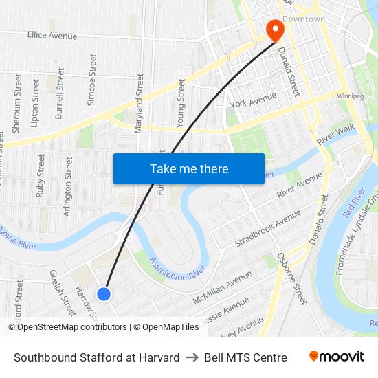 Southbound Stafford at Harvard to Bell MTS Centre map