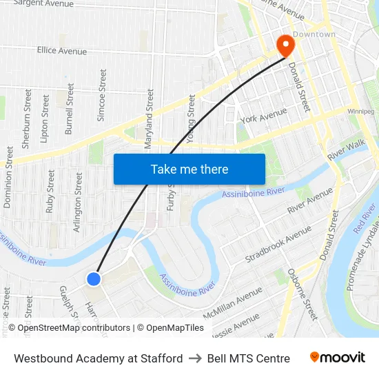 Westbound Academy at Stafford to Bell MTS Centre map