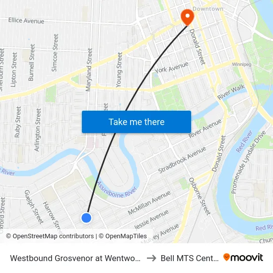 Westbound Grosvenor at Wentworth to Bell MTS Centre map