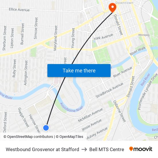 Westbound Grosvenor at Stafford to Bell MTS Centre map