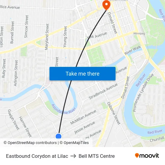 Eastbound Corydon at Lilac to Bell MTS Centre map