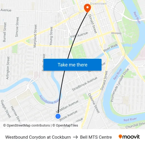 Westbound Corydon at Cockburn to Bell MTS Centre map