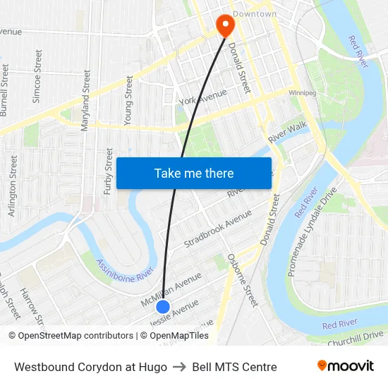 Westbound Corydon at Hugo to Bell MTS Centre map
