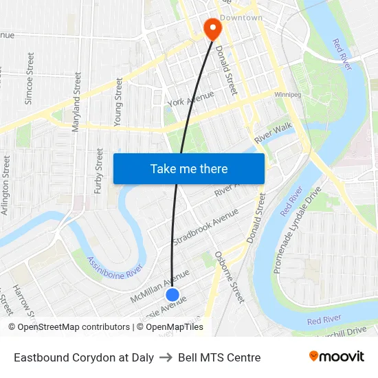 Eastbound Corydon at Daly to Bell MTS Centre map