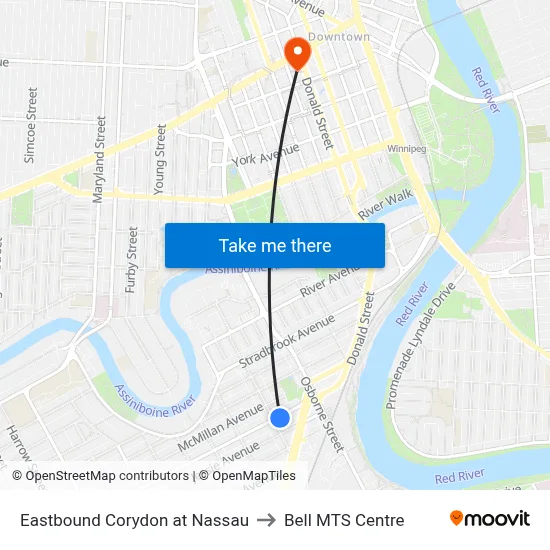 Eastbound Corydon at Nassau to Bell MTS Centre map
