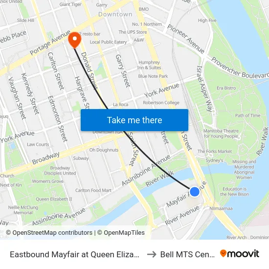 Eastbound Mayfair at Queen Elizabeth to Bell MTS Centre map