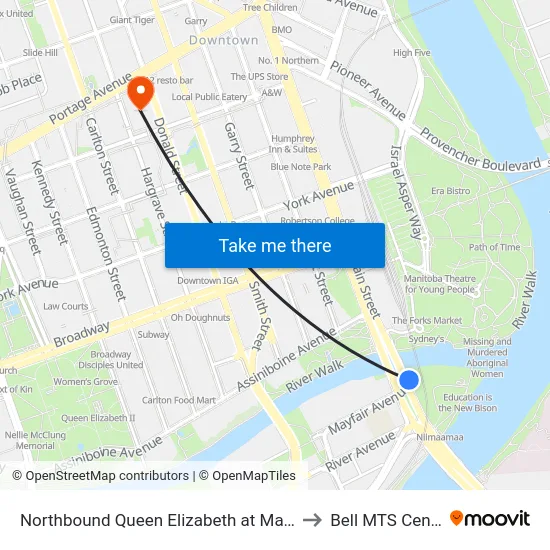 Northbound Queen Elizabeth at Mayfair to Bell MTS Centre map