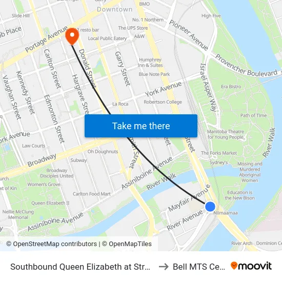 Southbound Queen Elizabeth at Stradbrook to Bell MTS Centre map