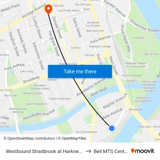Westbound Stradbrook at Harkness to Bell MTS Centre map