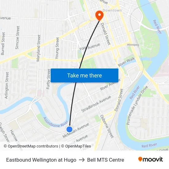 Eastbound Wellington at Hugo to Bell MTS Centre map