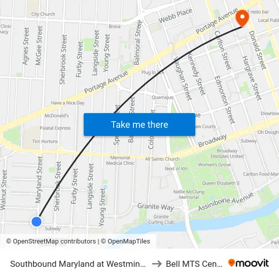 Southbound Maryland at Westminster to Bell MTS Centre map