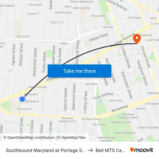 Southbound Maryland at Portage South to Bell MTS Centre map