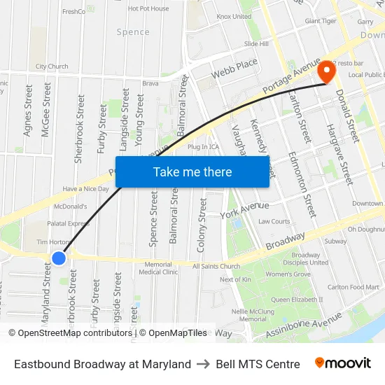 Eastbound Broadway at Maryland to Bell MTS Centre map