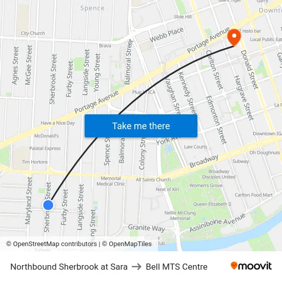 Northbound Sherbrook at Sara to Bell MTS Centre map