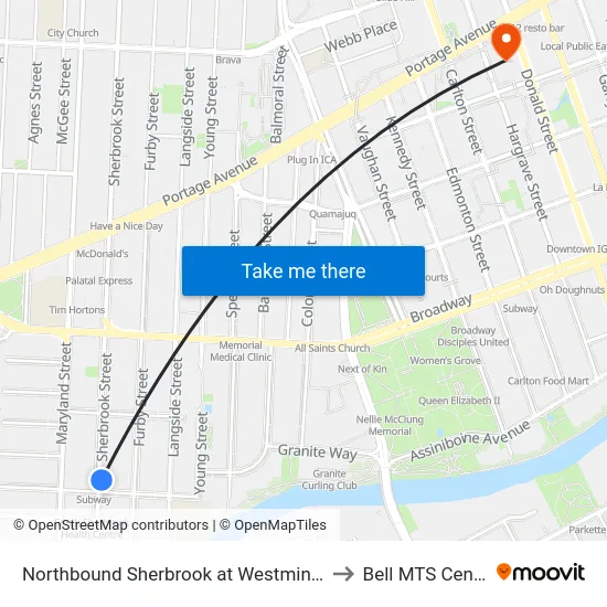 Northbound Sherbrook at Westminster to Bell MTS Centre map