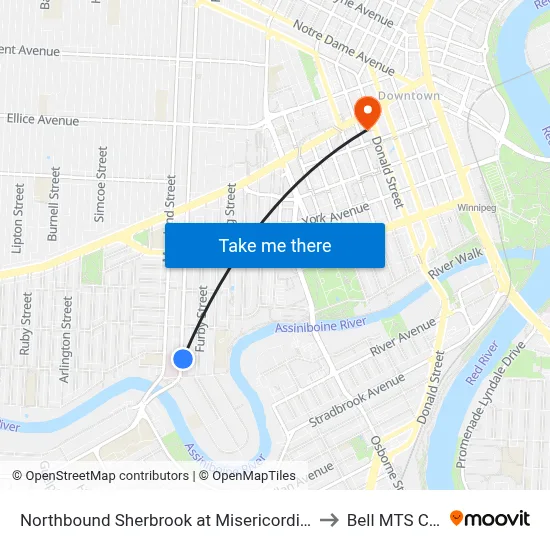 Northbound Sherbrook at Misericordia Health Ctr to Bell MTS Centre map