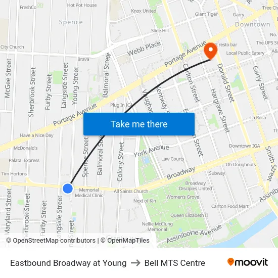Eastbound Broadway at Young to Bell MTS Centre map