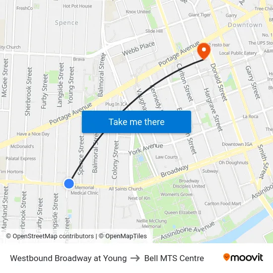 Westbound Broadway at Young to Bell MTS Centre map