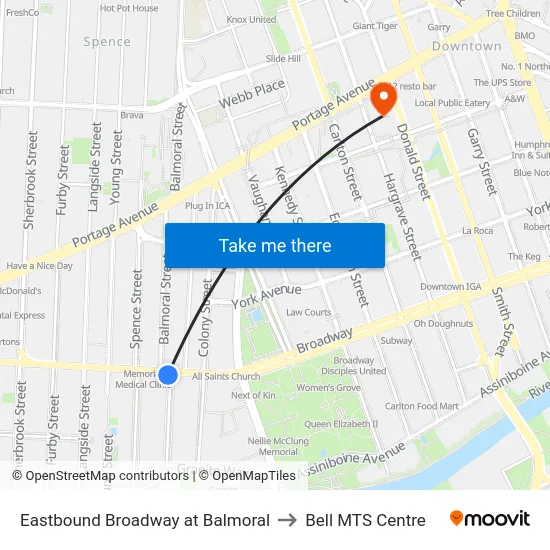 Eastbound Broadway at Balmoral to Bell MTS Centre map