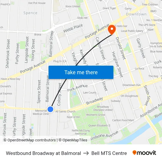 Westbound Broadway at Balmoral to Bell MTS Centre map