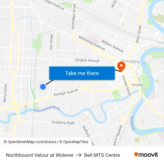 Northbound Valour at Wolever to Bell MTS Centre map