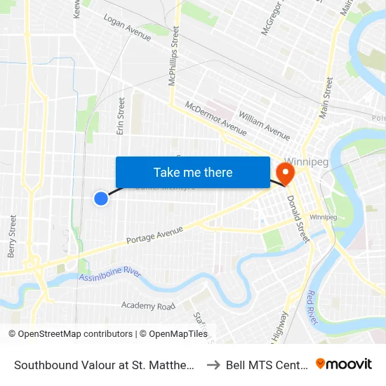 Southbound Valour at St. Matthews to Bell MTS Centre map