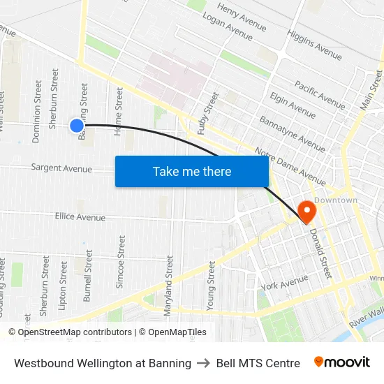Westbound Wellington at Banning to Bell MTS Centre map
