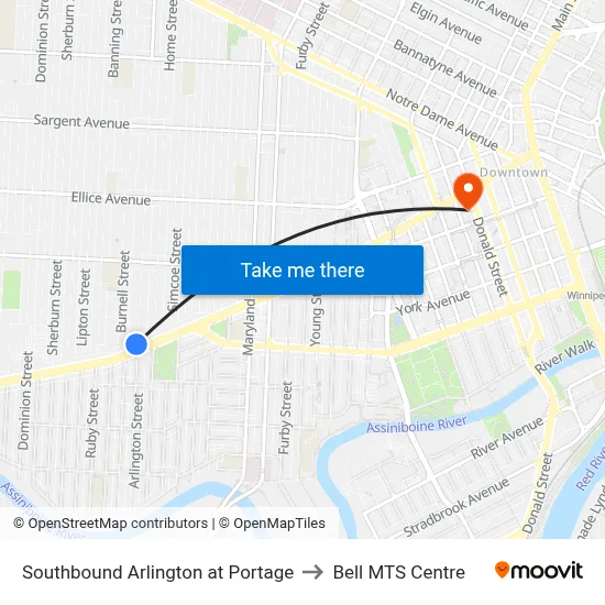 Southbound Arlington at Portage to Bell MTS Centre map