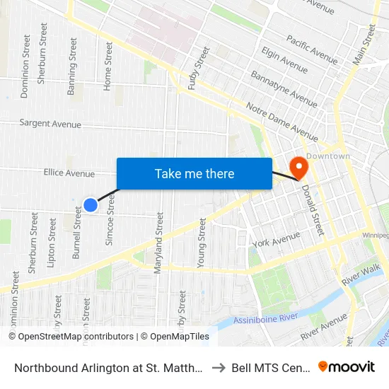 Northbound Arlington at St. Matthews to Bell MTS Centre map