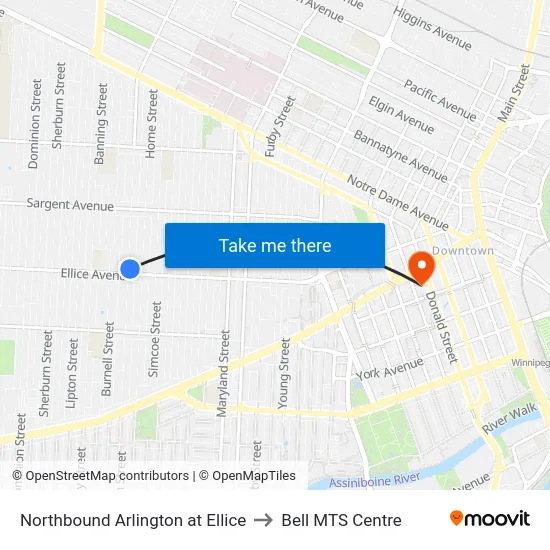 Northbound Arlington at Ellice to Bell MTS Centre map