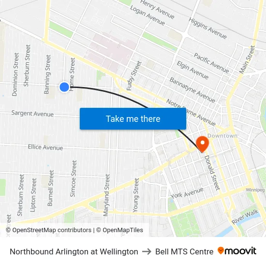 Northbound Arlington at Wellington to Bell MTS Centre map