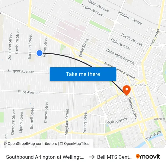 Southbound Arlington at Wellington to Bell MTS Centre map