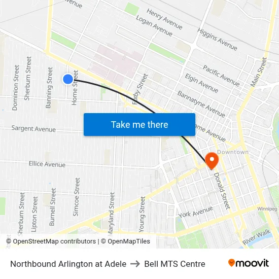 Northbound Arlington at Adele to Bell MTS Centre map