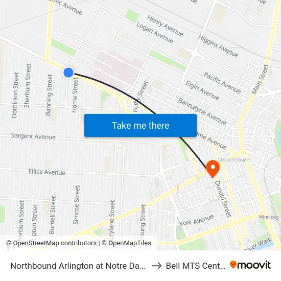Northbound Arlington at Notre Dame to Bell MTS Centre map