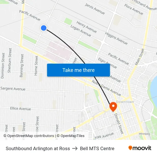Southbound Arlington at Ross to Bell MTS Centre map