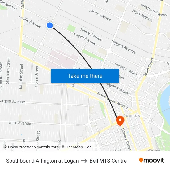 Southbound Arlington at Logan to Bell MTS Centre map