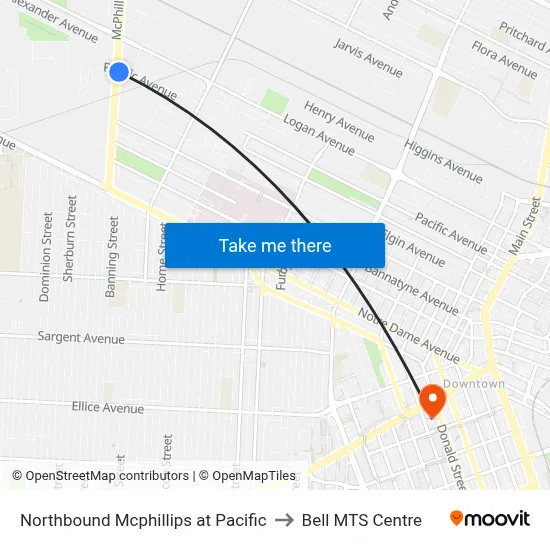 Northbound Mcphillips at Pacific to Bell MTS Centre map