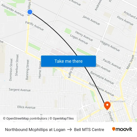 Northbound Mcphillips at Logan to Bell MTS Centre map