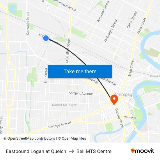 Eastbound Logan at Quelch to Bell MTS Centre map