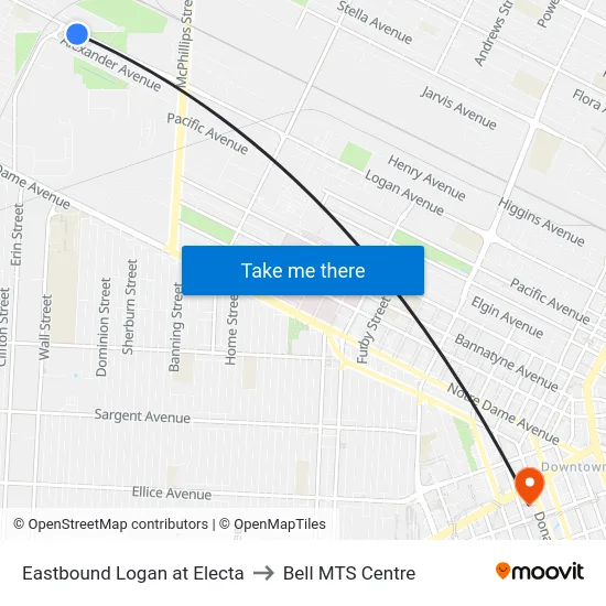 Eastbound Logan at Electa to Bell MTS Centre map