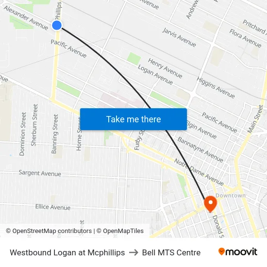 Westbound Logan at Mcphillips to Bell MTS Centre map