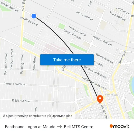 Eastbound Logan at Maude to Bell MTS Centre map