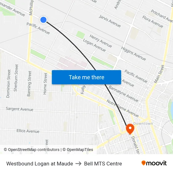 Westbound Logan at Maude to Bell MTS Centre map