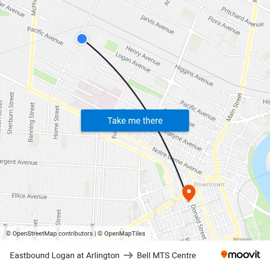Eastbound Logan at Arlington to Bell MTS Centre map